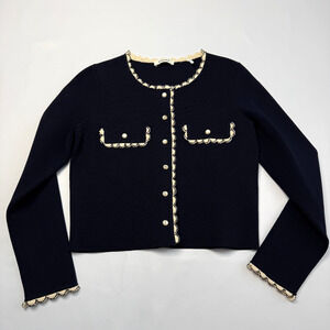 Sandro Knit Cardigan Womens Size 2 Beaded Crochet Trim Pearl Snap Black